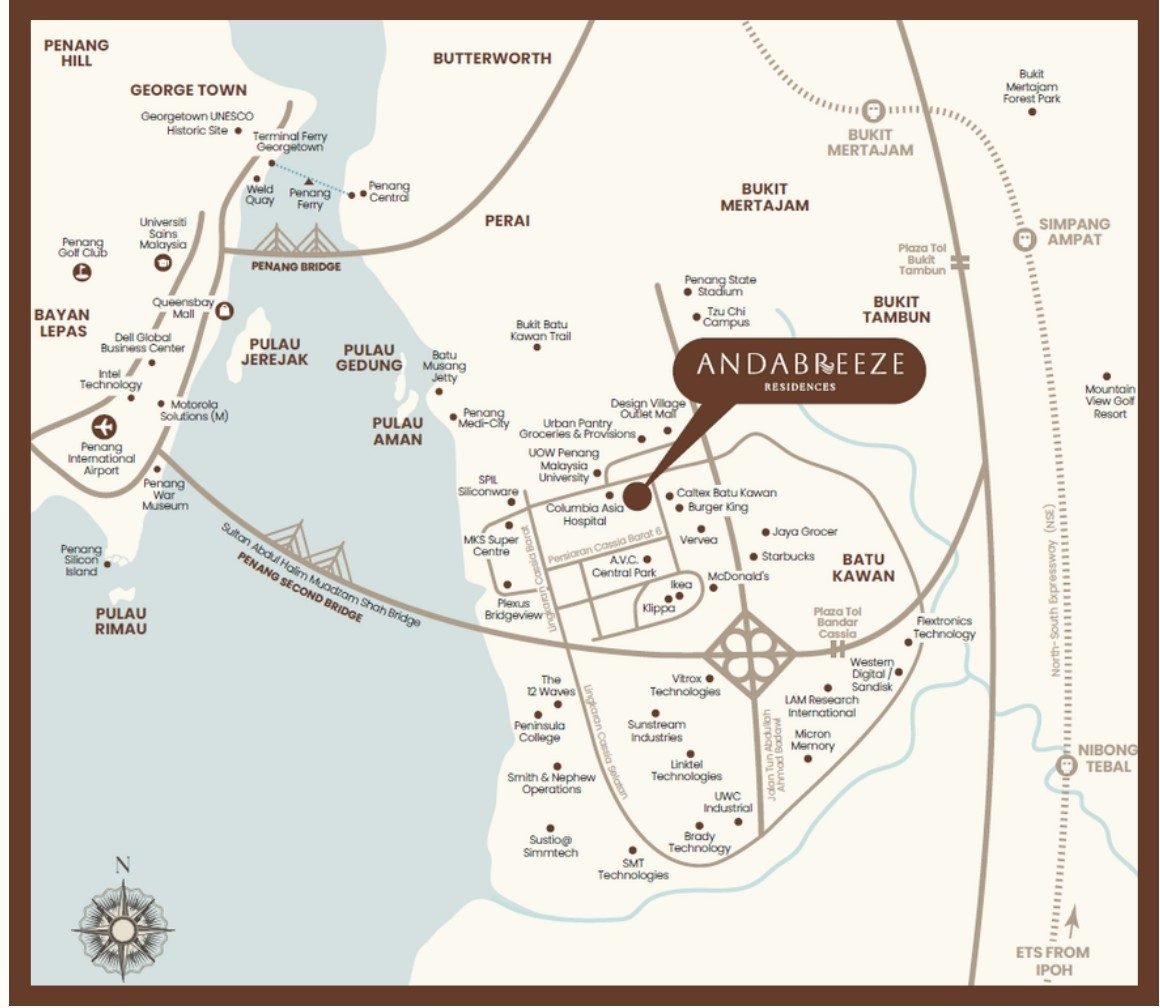 Brochure map of Andabreeze and surrounding amenities
