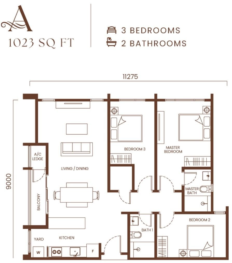 3 bedrooms + yard floor plan