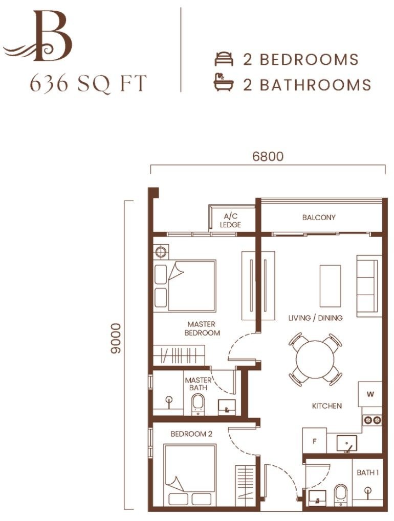 2 bedrooms floor plan